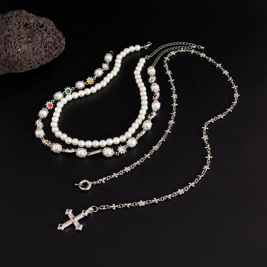 3Pcs/Set Creative Rhinestone Imitation Pearl Chain Necklace