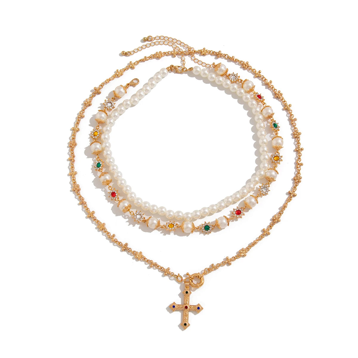 3Pcs/Set Creative Rhinestone Imitation Pearl Chain Necklace