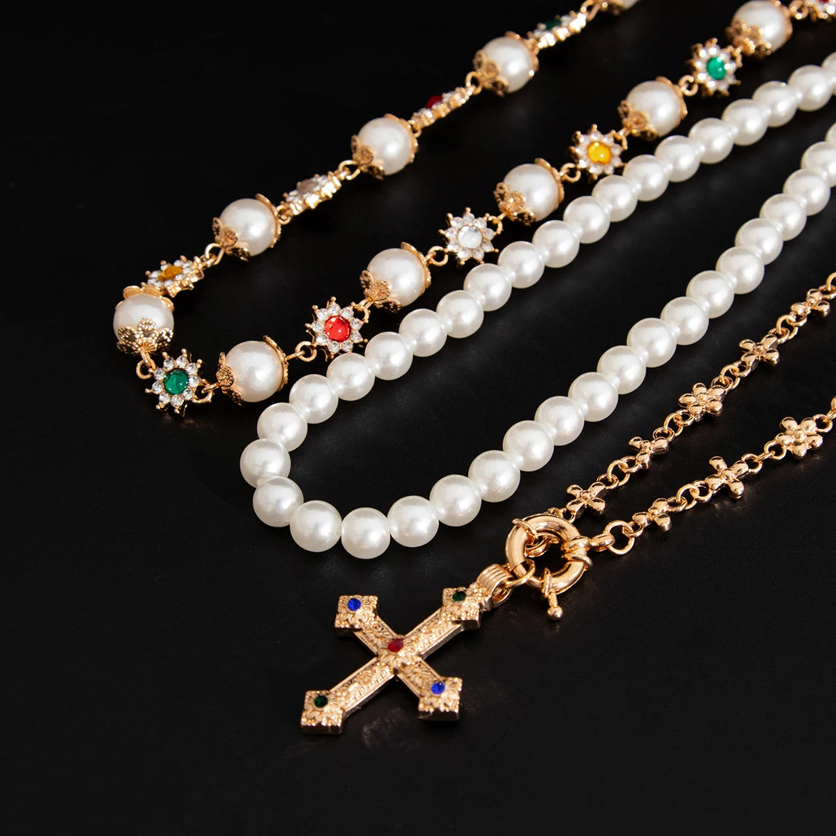 3Pcs/Set Creative Rhinestone Imitation Pearl Chain Necklace