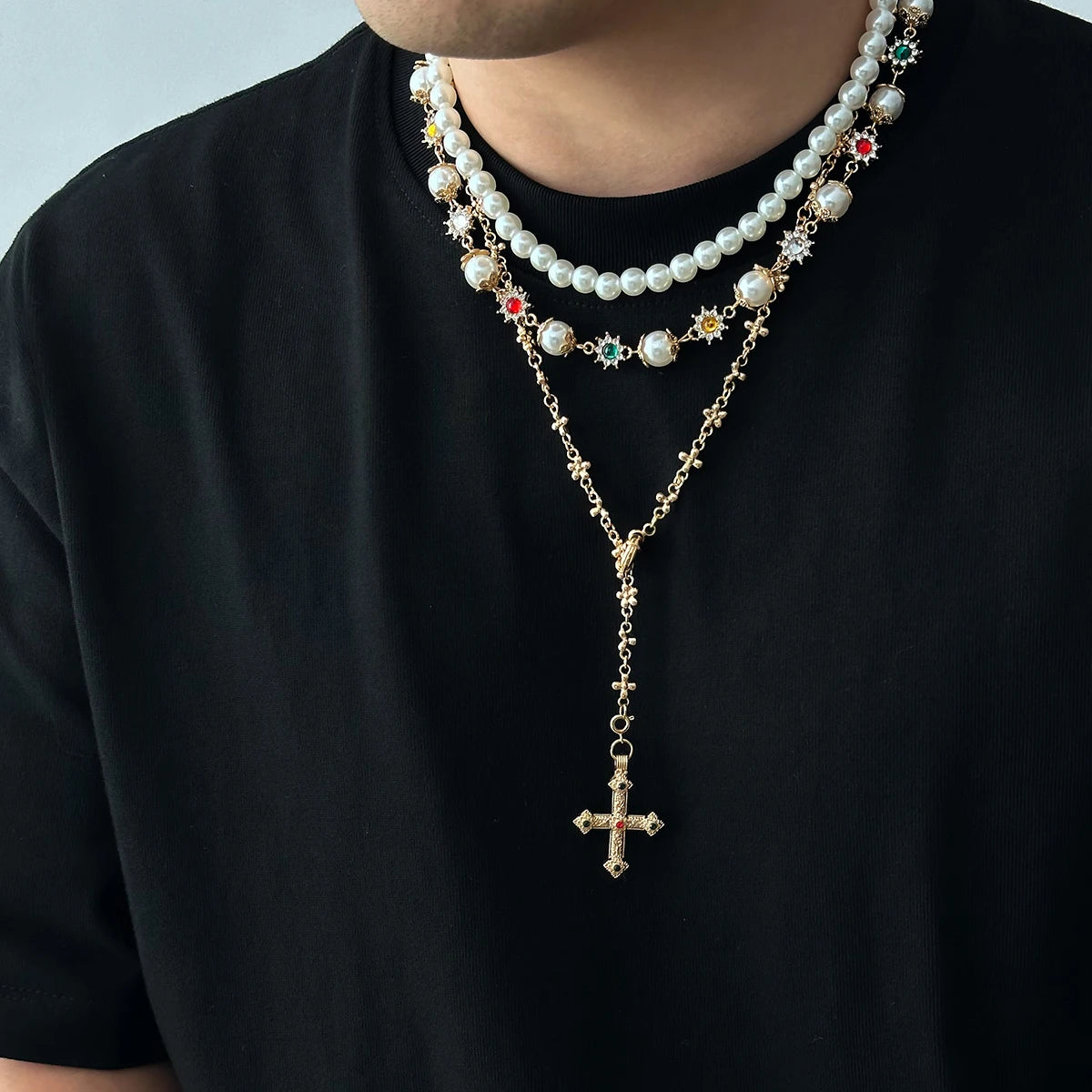 3Pcs/Set Creative Rhinestone Imitation Pearl Chain Necklace