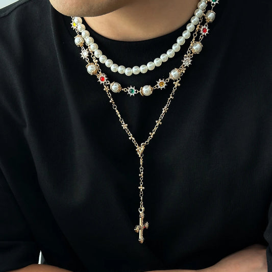 3Pcs/Set Creative Rhinestone Imitation Pearl Chain Necklace