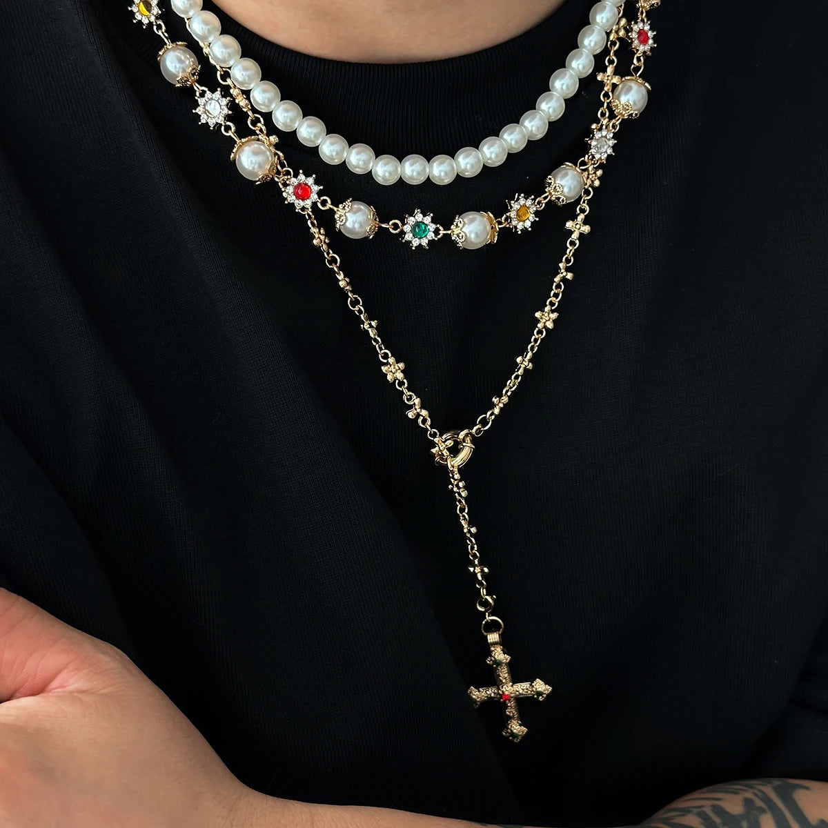 3Pcs/Set Creative Rhinestone Imitation Pearl Chain Necklace