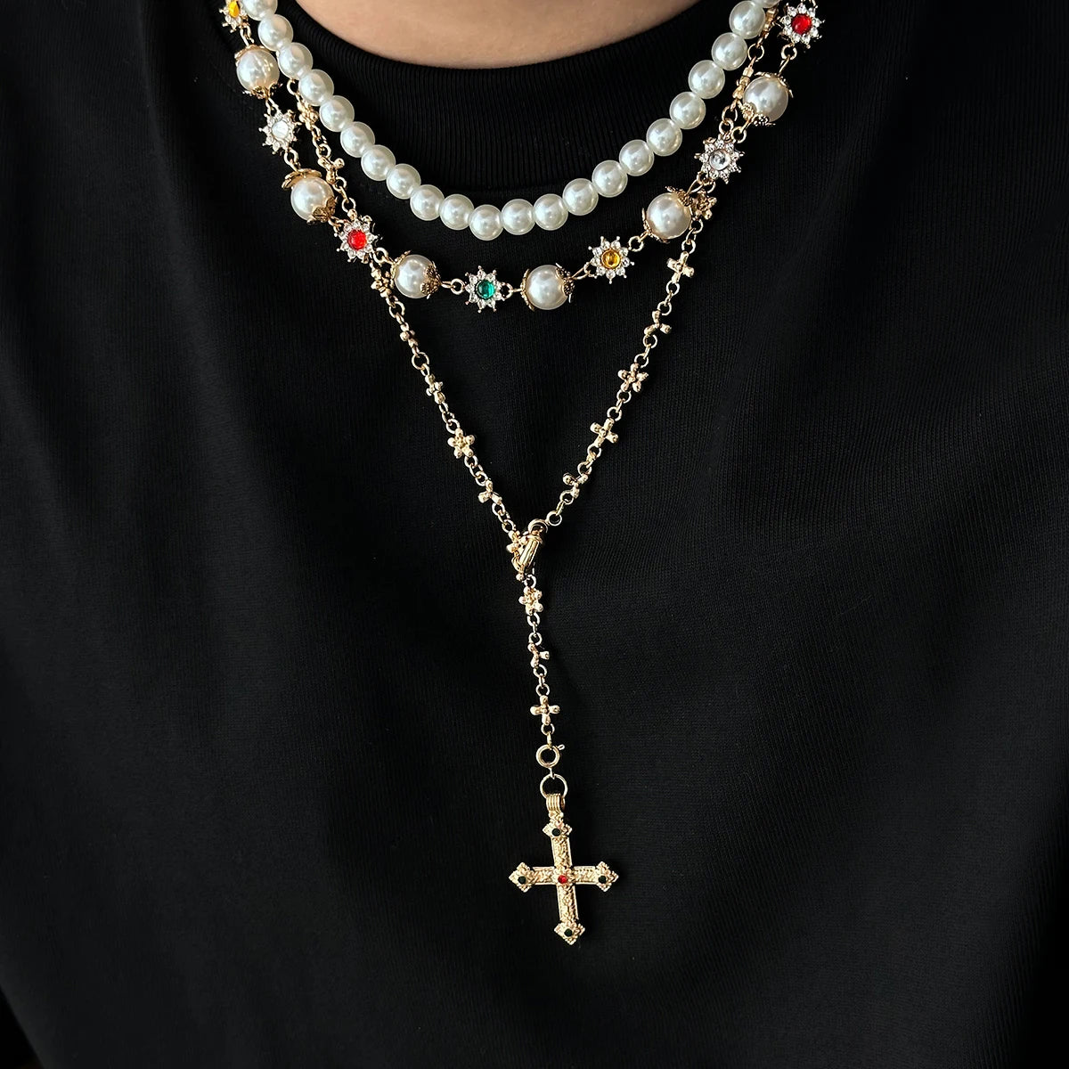 3Pcs/Set Creative Rhinestone Imitation Pearl Chain Necklace